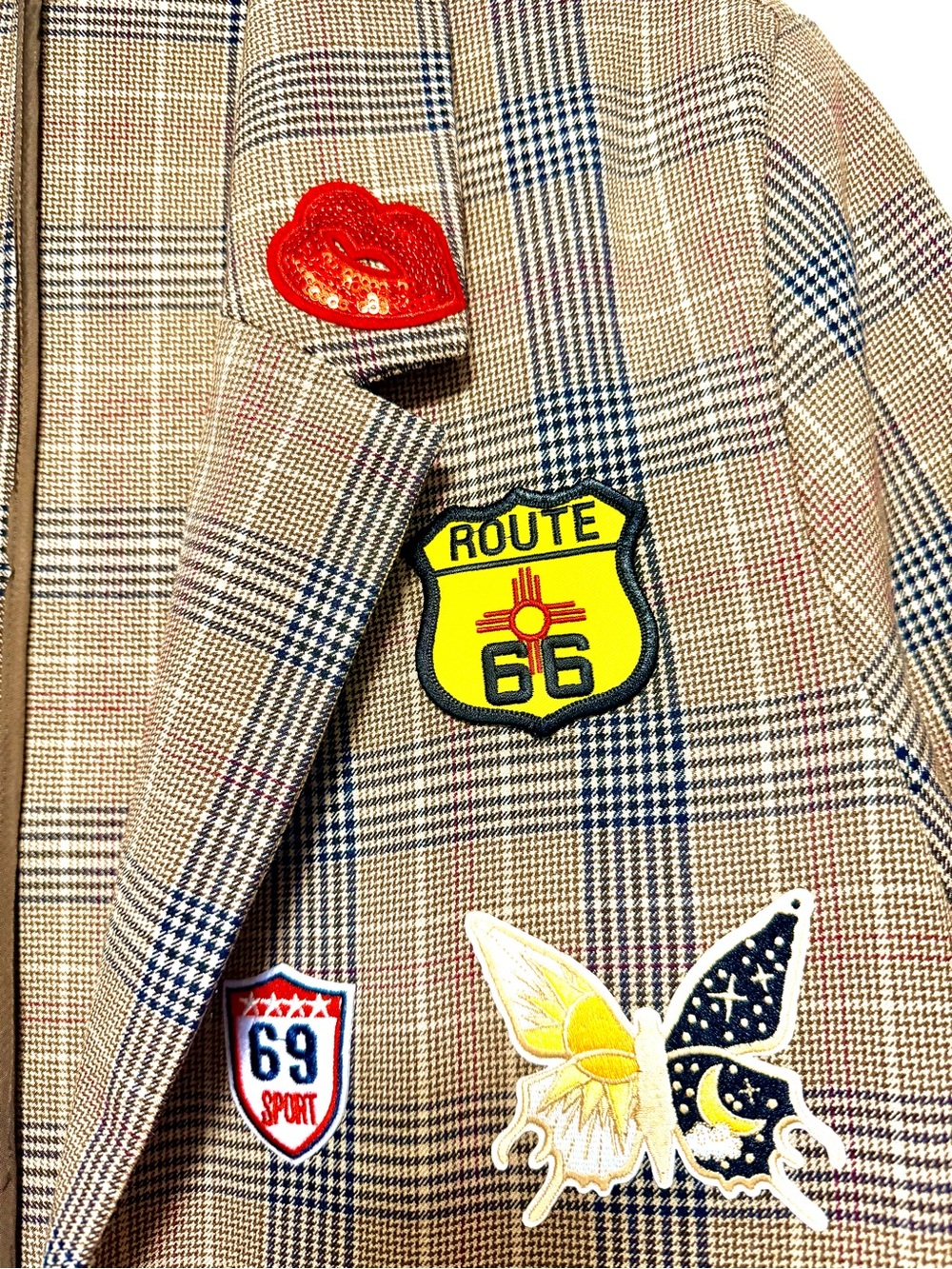 Upcycled Old Navy Plaid Blazer with Colorful Embroidered Patches - Picture 6 of 13